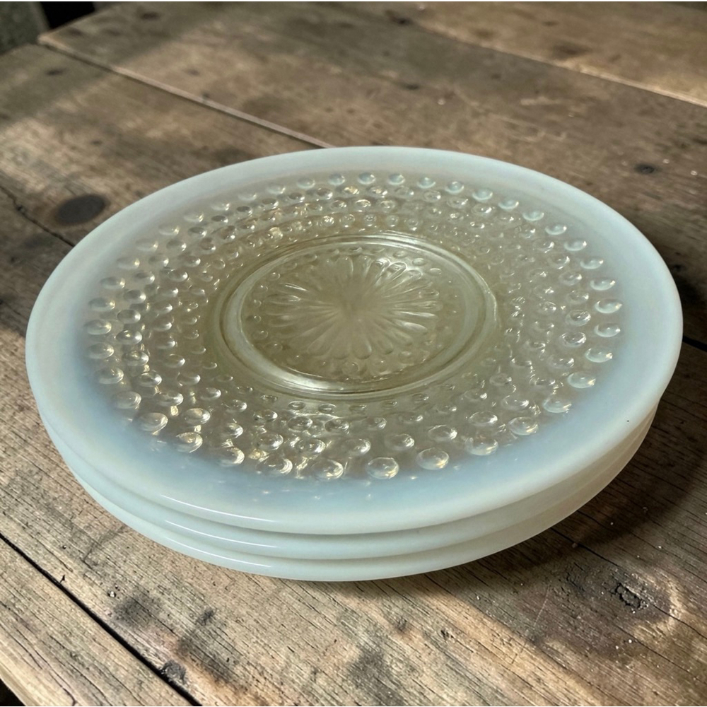 Vintage Hobnail Milk Glass Saucers Opalescent Moonstone Plates Set 3